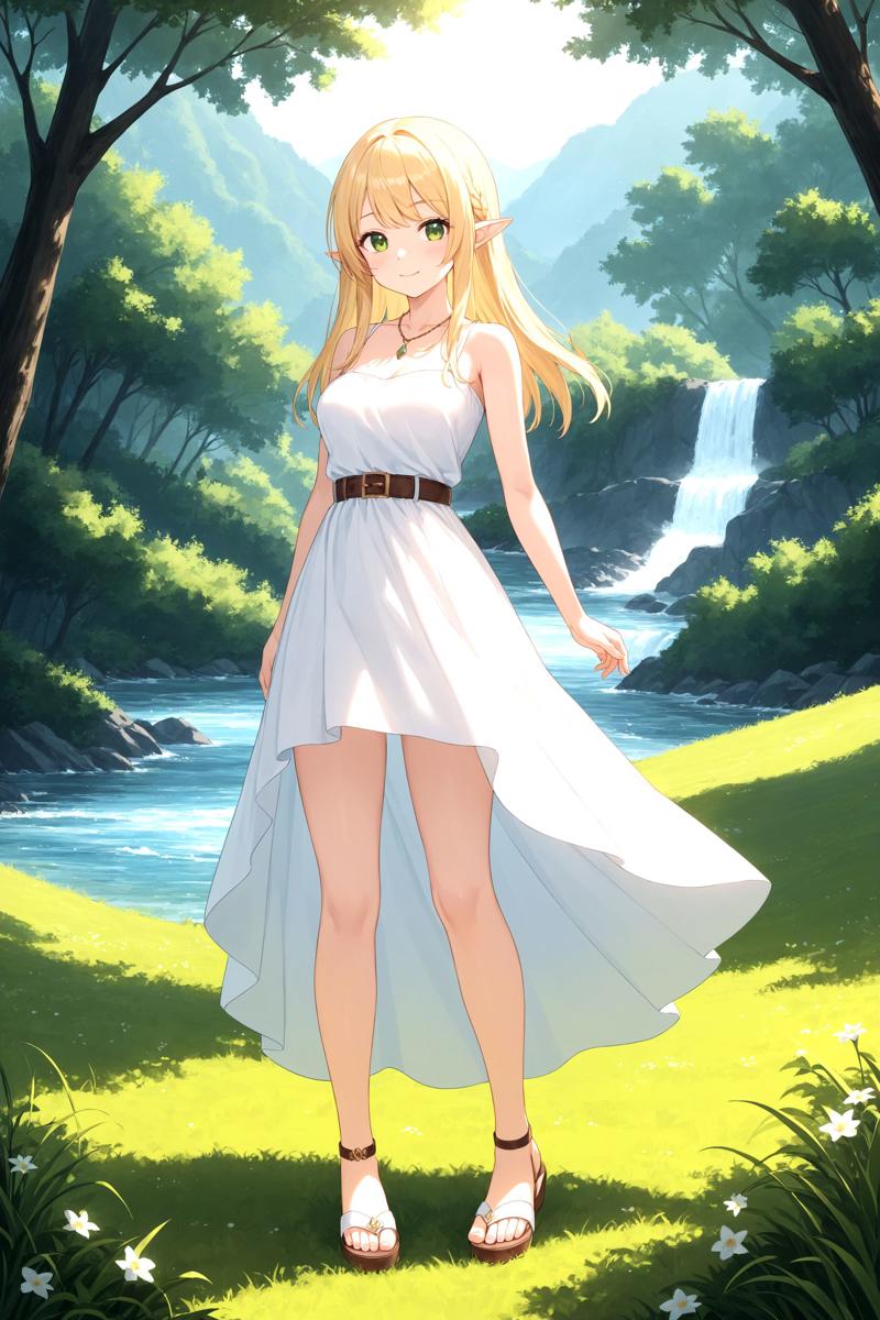 00063-3934536994-1girl, pointy ears, elf, solo, green eyes, blonde hair, long hair, outdoors, dress, smile, looking at viewer, tree, white dress,.jpg